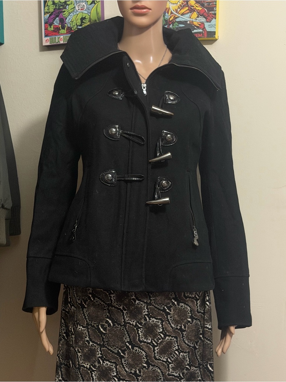 Guess Black Toggle Wool-Blend Pea Coat